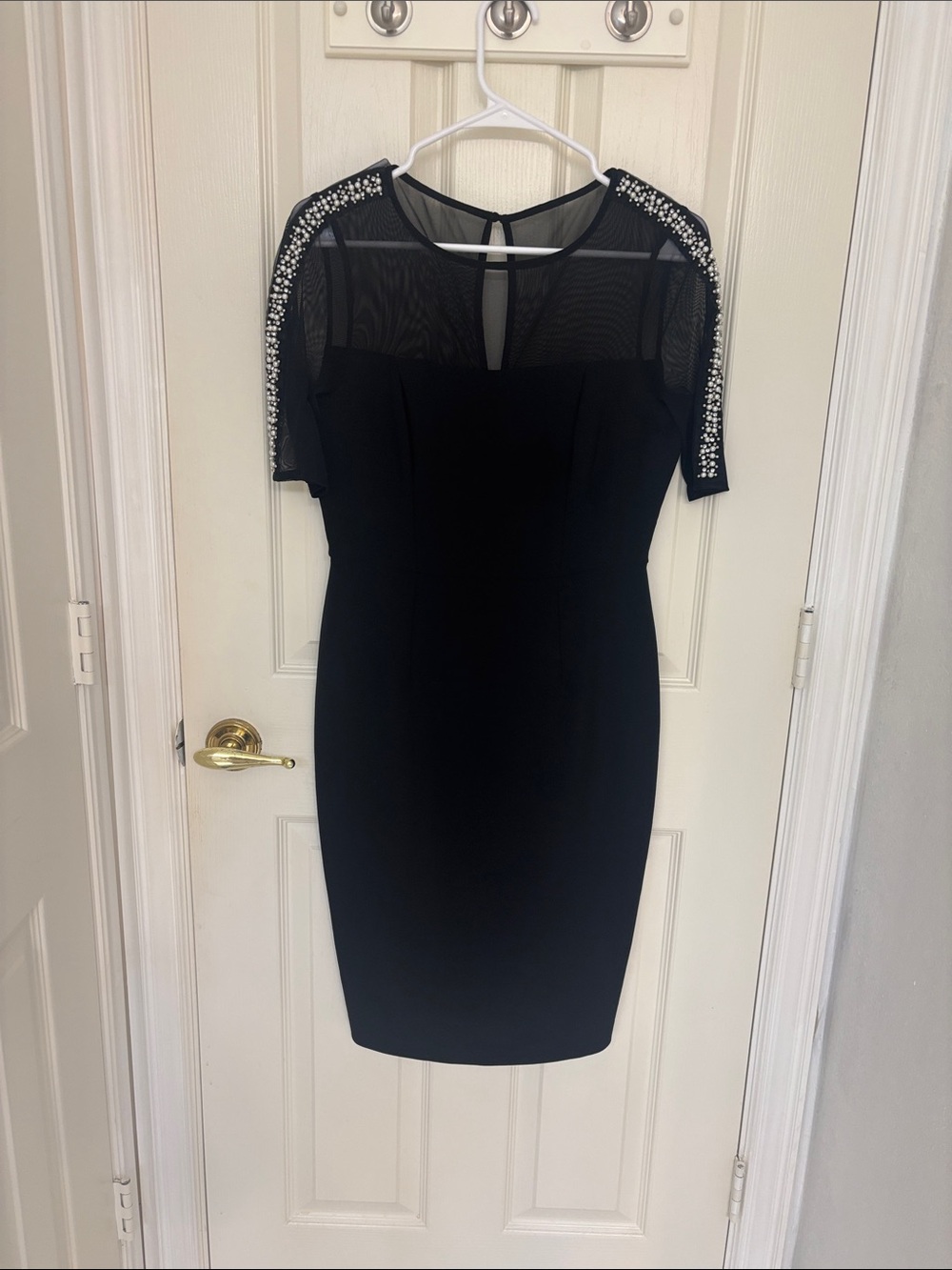 Maggy London Black Midi Dress with Embellished Mesh Yoke